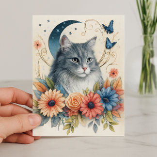 Grey Cat Butterfly Floral  Card
