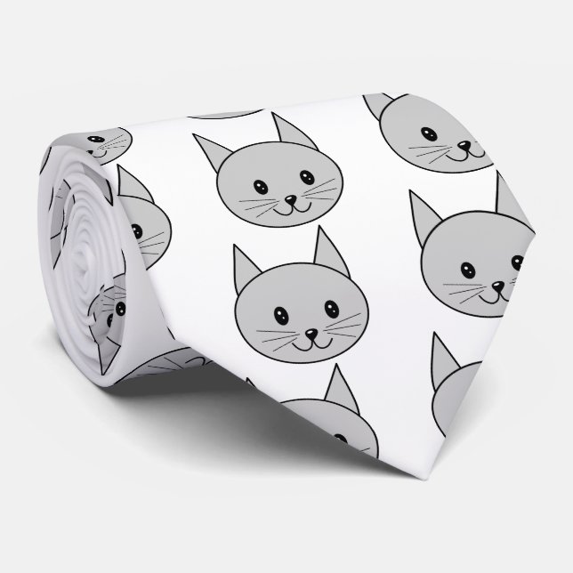 Grey Cat Cartoon. Cat Pattern Tie (Rolled)