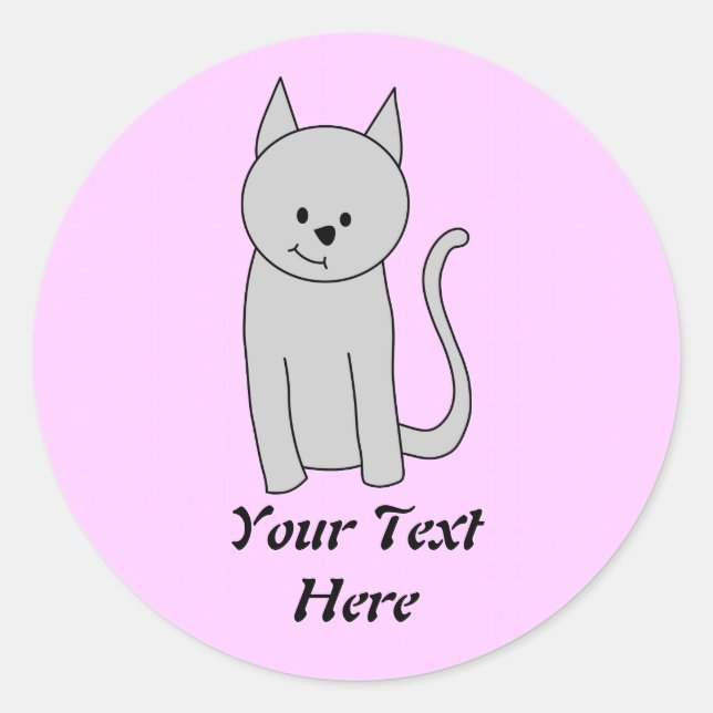 Grey Cat Cartoon. Classic Round Sticker (Front)