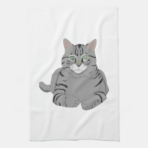 Grey cat cartoon tea towel