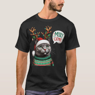 Grey Cat Christmas T-Shirt
