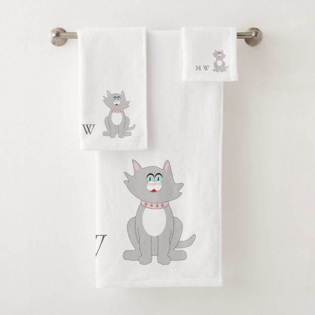 Grey Cat Design Monogrammed Bath Towel Set (Insitu)