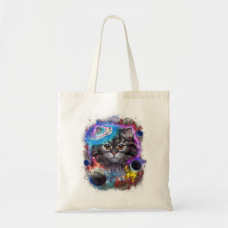 Grey Cat Face Swirl in Planetary Galaxy Space and Tote Bag