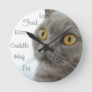 Grey Cat Golden Eyes Close-up Round Clock