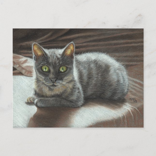 Grey Cat Green Eyes on Bed Postcard KMCoriginals (Front)