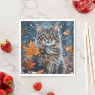 Grey Cat Green Eyes Posing with Fall Leaves Napkin