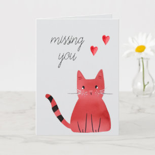 Grey Cat Hearts Missing You Card