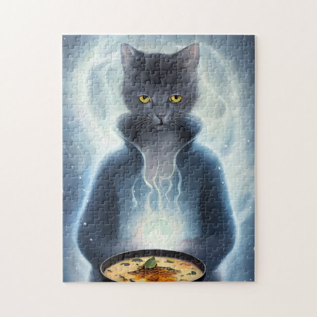 Grey Cat in blue eating soup in space Jigsaw Puzzle (Vertical)