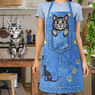 Grey Cat in Faux Denim Pocket with Custom Name Apron
