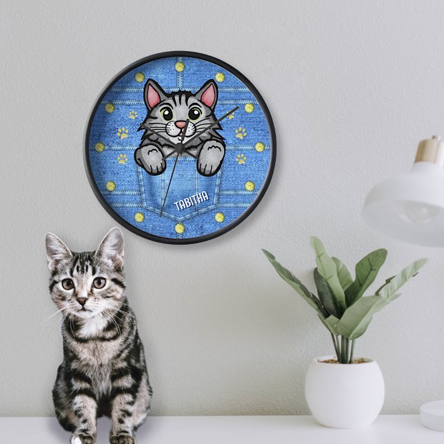 Grey Cat in Faux Denim Pocket with Custom Name Clock (Creator Uploaded)