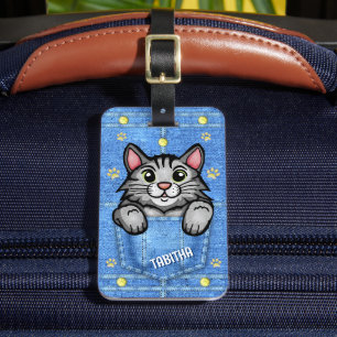 Grey Cat in Faux Denim Pocket with Custom Name Luggage Tag