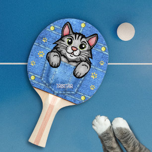 Grey Cat in Faux Denim Pocket with Custom Name Ping Pong Paddle