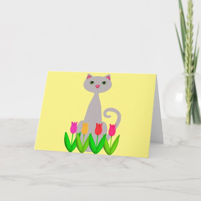 Grey Cat in Spring Flowers Card (Front)