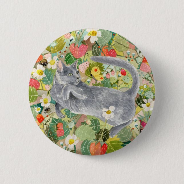 Grey Cat in the Strawberry Patch button (Front)