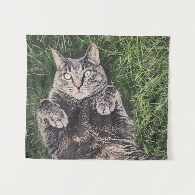 grey cat lying in the grass tapestry (Front (Horizontal))