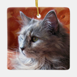 Grey Cat on Coach Ceramic Ornament
