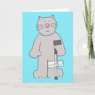 Grey Cat on Crutch Knee Surgery Recovery Card