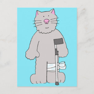 Grey Cat on Crutch, Knee Surgery Recovery. Postcard