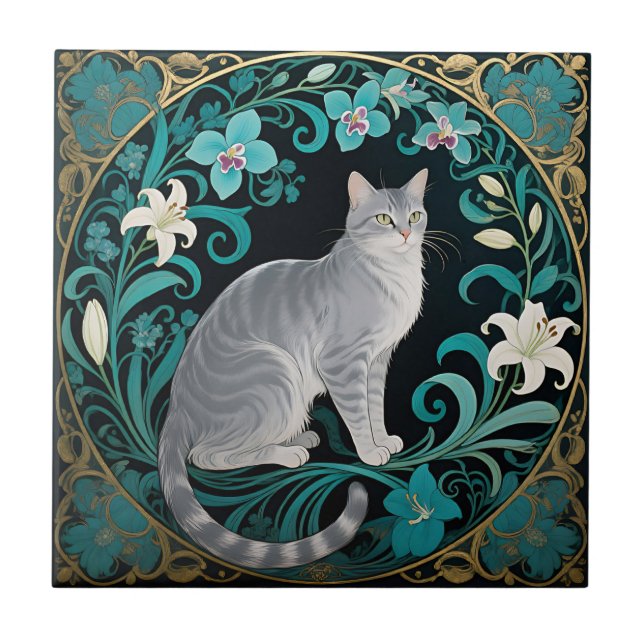 Grey Cat Ornate Floral Frame Ceramic Tile (Front)