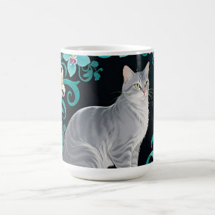 Grey Cat Ornate Floral Frame Coffee Mug