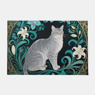Grey Cat Ornate Floral Frame Doormat