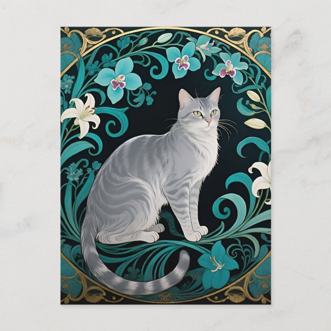 Grey Cat Ornate Floral Frame Postcard (Front)