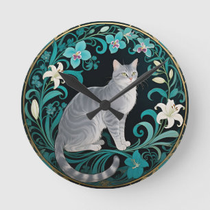 Grey Cat Ornate Floral Frame Round Clock