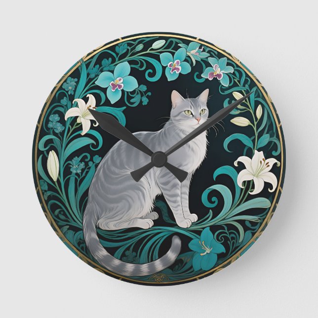 Grey Cat Ornate Floral Frame Round Clock (Front)