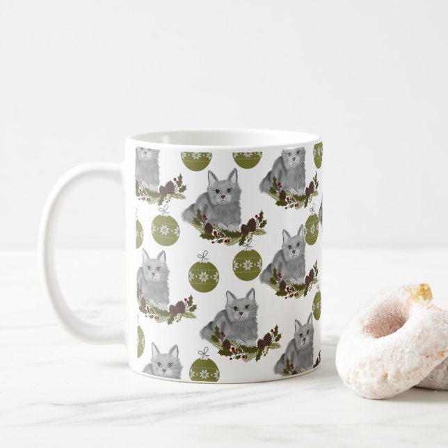 Grey Cat Pattern with Green Ornaments  Coffee Mug (With Donut)
