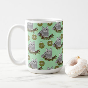 Grey Cat Pattern with Green Ornaments  Coffee Mug