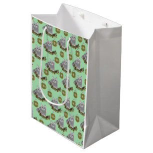 Grey Cat Pattern with Green Ornaments Medium Gift Bag