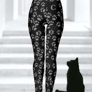 Grey Cat Paw Prints Pattern Monogrammed Leggings