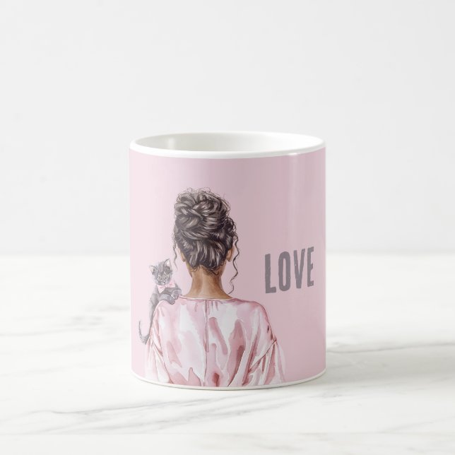 Grey Cat Pink Bow Female Coffee Mug (Center)