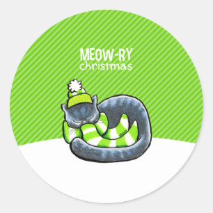 Grey Cat Scarf Christmas Green Stripe Classic Round Sticker