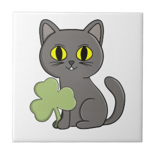 Grey Cat Shamrock Clover Charm Ceramic Tile