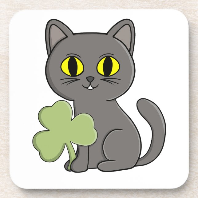 Grey Cat Shamrock Clover Charm Coaster (Front)