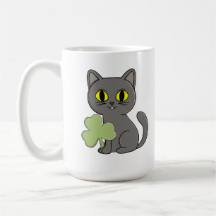 Grey Cat Shamrock Clover Charm Coffee Mug