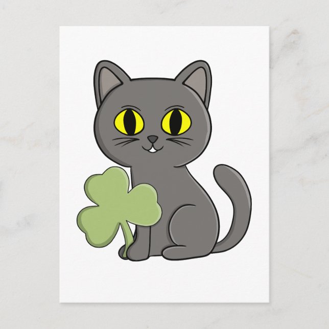 Grey Cat Shamrock Clover Charm Invitation Postcard (Front)
