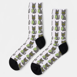 Grey Cat Shamrock Clover Charm Socks