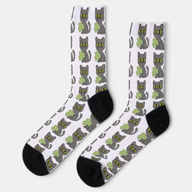 Grey Cat Shamrock Clover Charm Socks (Left)