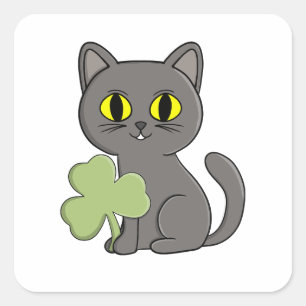 Grey Cat Shamrock Clover Charm Square Sticker