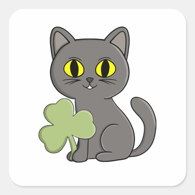 Grey Cat Shamrock Clover Charm Square Sticker (Front)