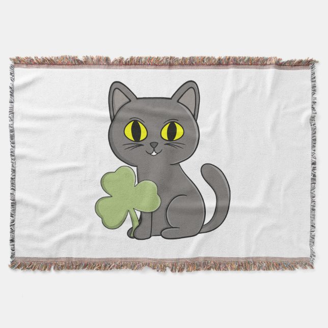 Grey Cat Shamrock Clover Charm Throw Blanket (Front)