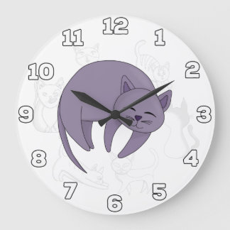 Grey Cat Sleeping and Kitten Doodles Large Clock