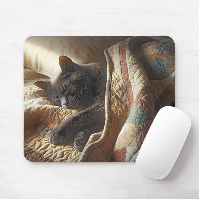 Grey Cat Sleeping Under A Quilt Mouse Pad (With Mouse)