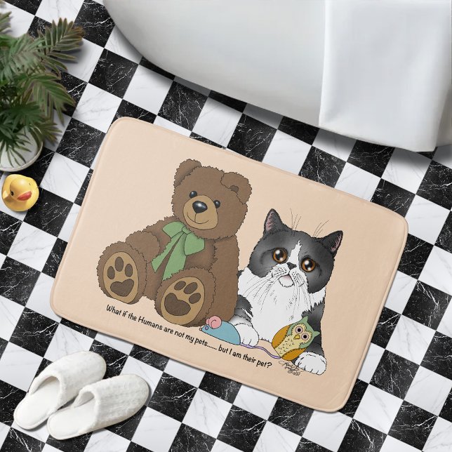 Grey Cat Teddy Bear Peach Funny Bath Mat (Creator Uploaded)