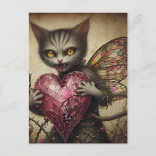 Grey Cat Vampire Fairy Pink Heart Brambles Postcard