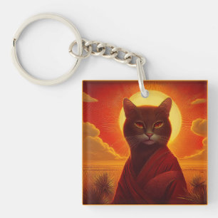 Grey Cat Wearing Fashionable Robe In Sunset Scene Key Ring