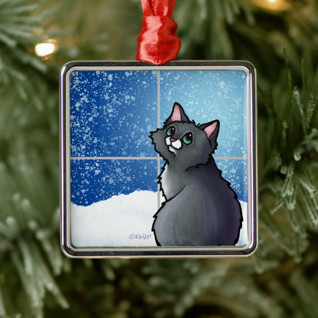 Grey Cat Window Metal Ornament (Tree)
