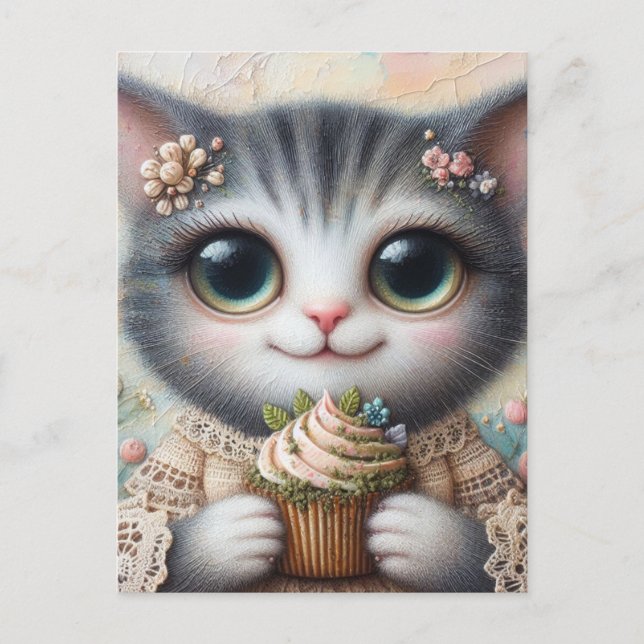 Grey Cat With a Cupcake Postcard (Front)